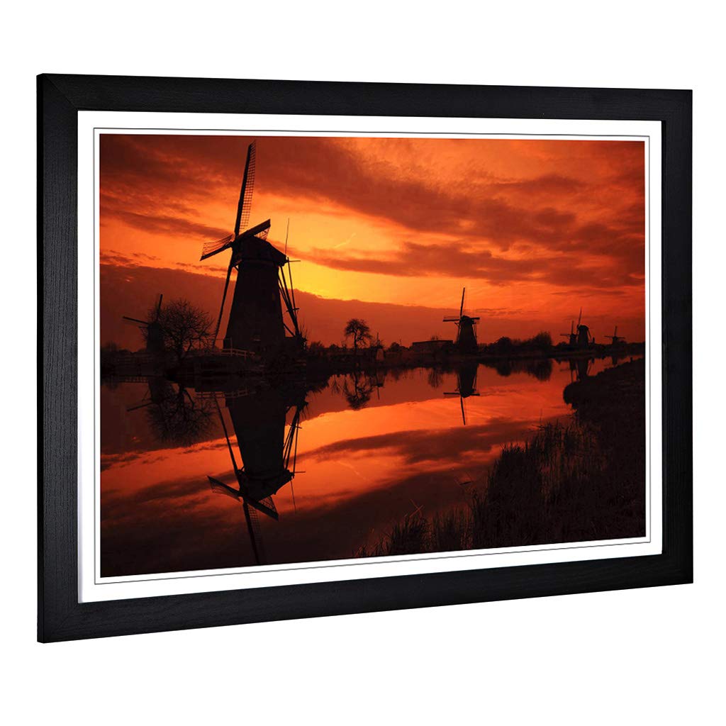 Big Box Art Framed Print of Landscape Windmills Sunset Design | Wall Art Picture | Home Decor for Kitchen, Living, Dining Room, Bedroom, Hallway, Office, Black, A2 / 24.5x18 Inch / 62x45cm