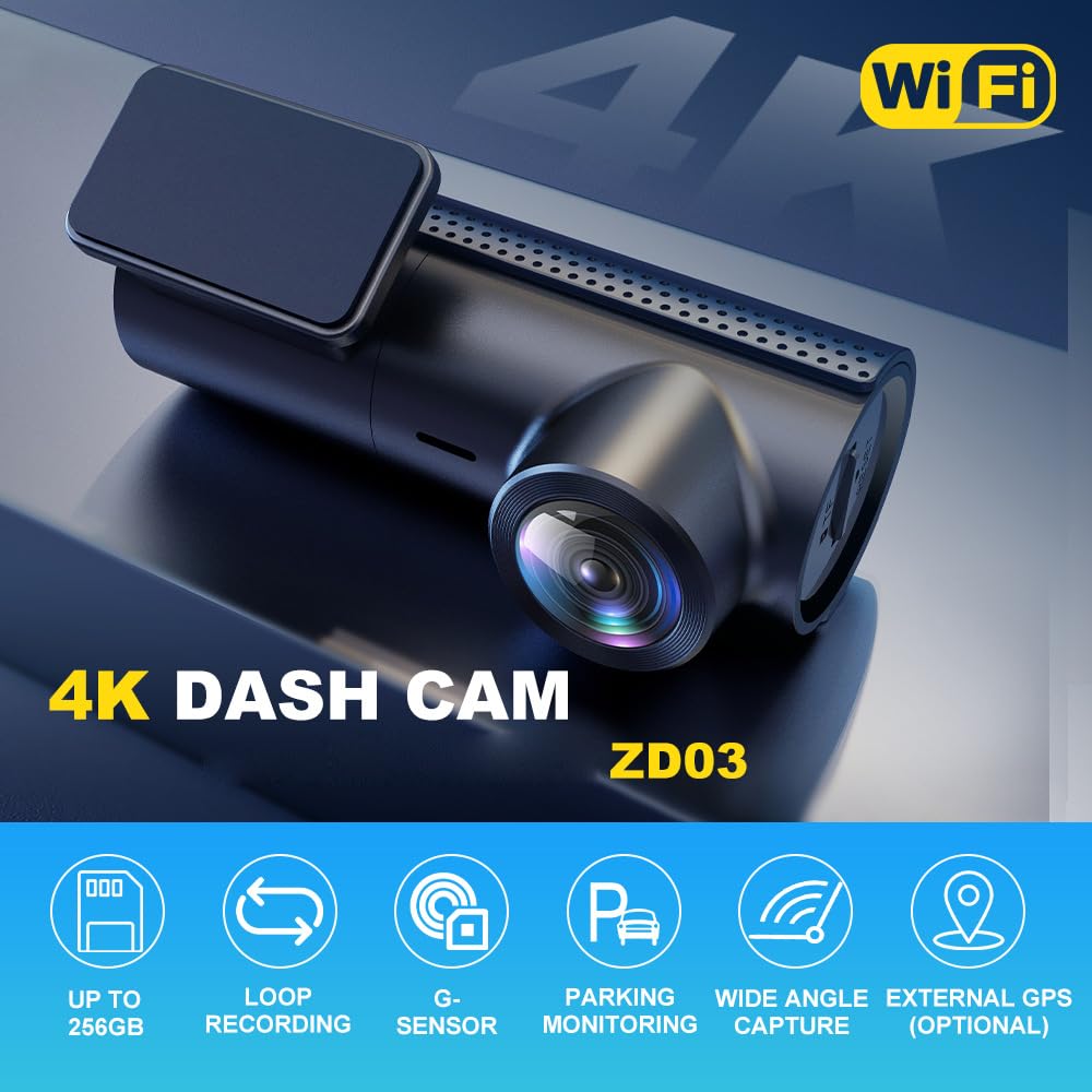 XRC TECH UHD 4K Dash Cam pour voiture Wifi intégré DVR avec enregistreur vidéo 170 degrés Support enregistrement en boucle Surveillance stationnement G-Sensor