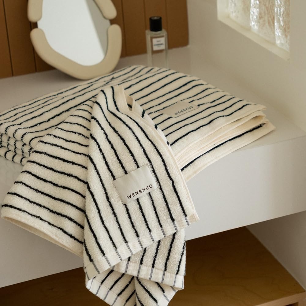 WENSHUO Black&White Striped Pure Cotton Bath Towel,100% Combed Cotton,Luxury Shower Towel,Super Absorbent(Pack of 1) (55.12" L × 27.56" W) - Image 6