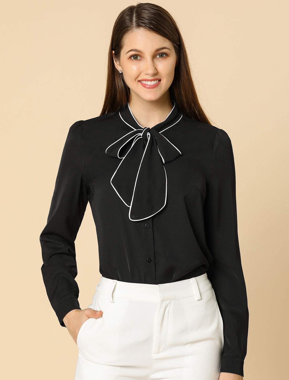 Allegra K - Camisa con Botones de Manga Larga y Cuello en Contraste para Mujer