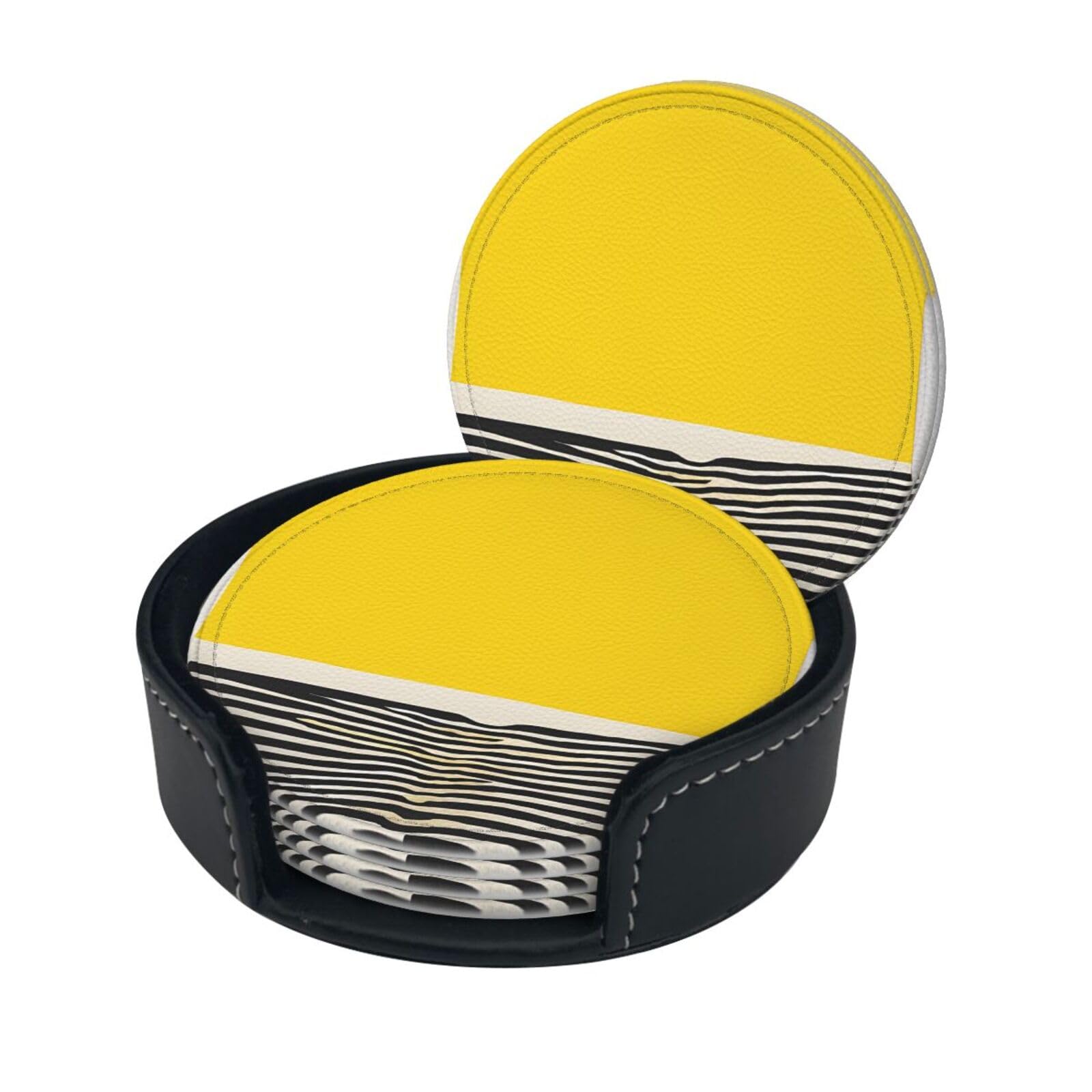 Mustard Yellow and Black Print Print Coaster,Round Leather Coasters with Storage Box for Wine Mugs,Cold Drinks and Cups Tabletop Protection (6 Piece)