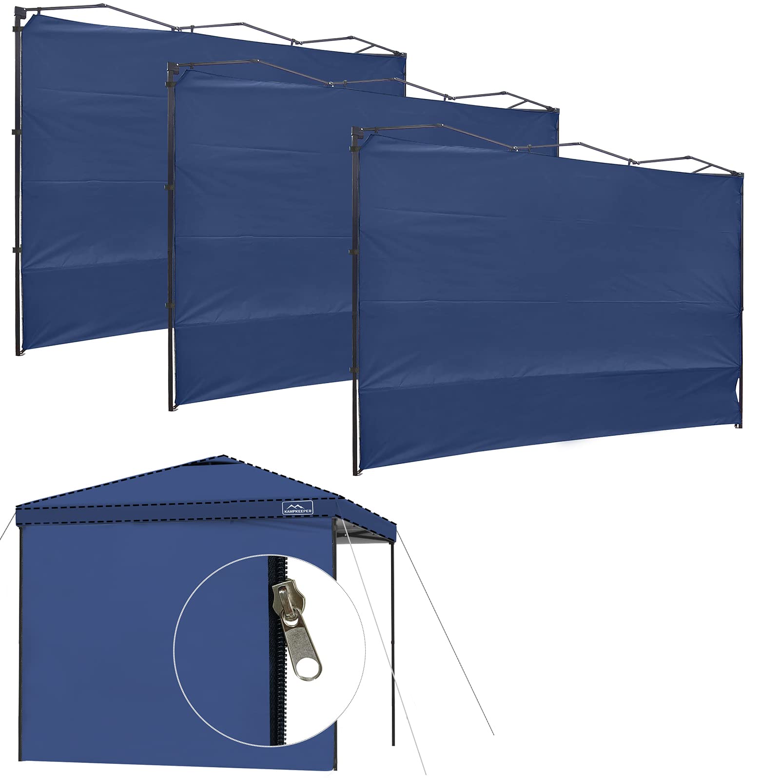 kampkeeper instant 10x10 canopy sidewalls with zipper for pop up canopy frame, 3pack sunwalls fit 10' outdoor canopies with straight leg(navy blue)