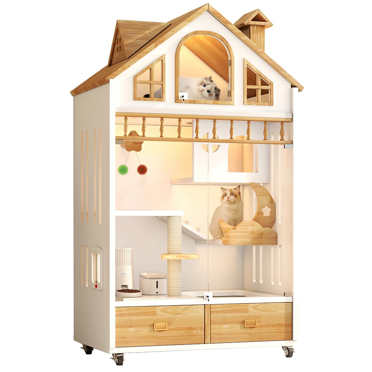 Indoor Enclosed Cat Cage on Wheels,Wooden Cat House Large Space with Scratching Post, Multi-Feature Cat Enclosure with Litter Box Drawer for Indoor Cats,63" X 35" X 24"