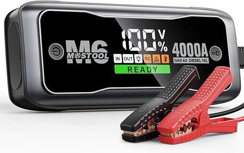 MOSTOOL Arrancador M6 de 4000A con pantalla HD inteligente, caja de salto portátil de 12 V y paquete de refuerzo de batería de automóvil con puerto