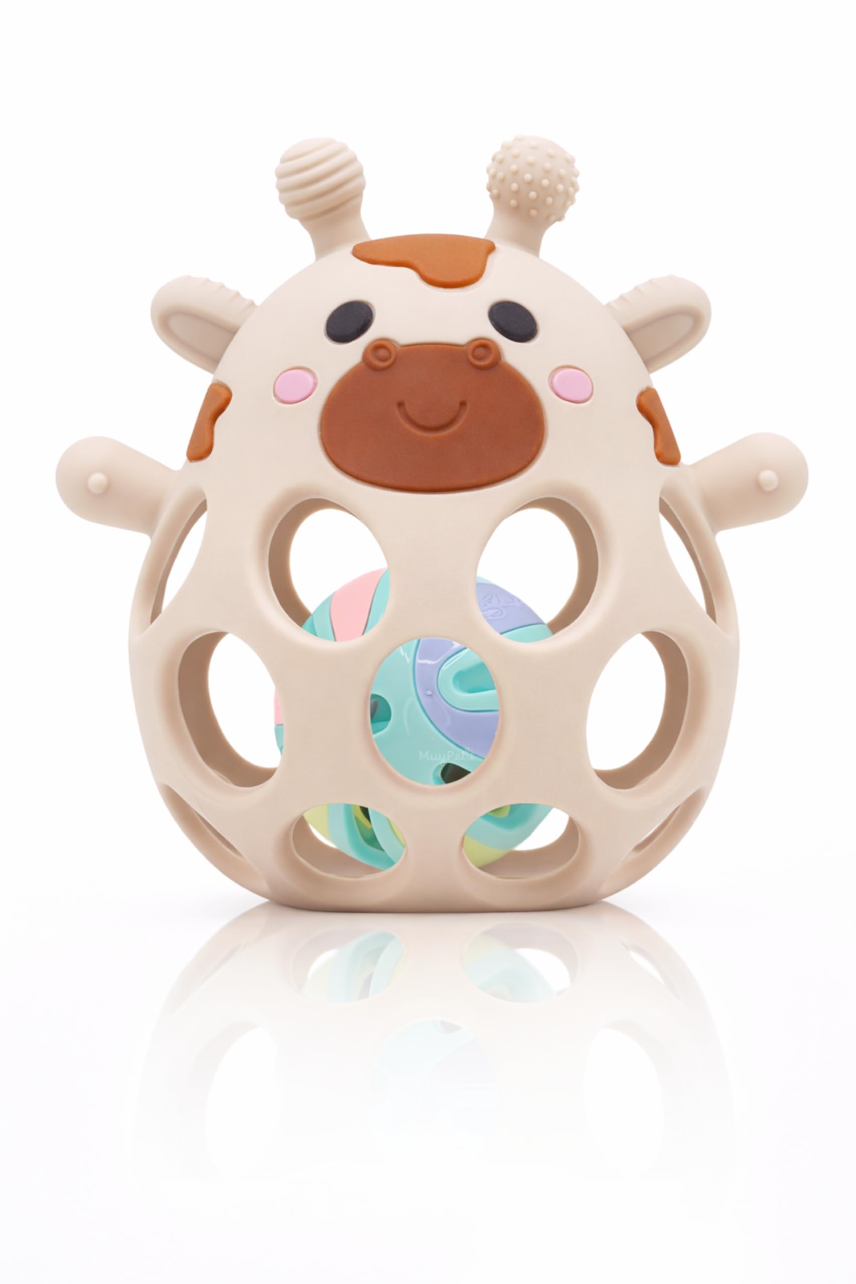 MuyPetit Giraffe Rattle and Teether for Baby, BPA and Toxic Free, Baby Games 0-6 Months, Baby Rattle 0-3 Months, Montessori Baby Toy, Easy to Grip, Newborn Gift (Beige with Ball)