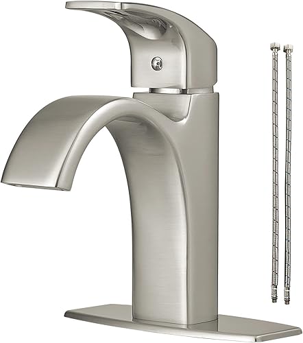 Hoimpro Grifo de baño de níquel cepillado en cascada de un solo agujero, grifo de lavabo de baño de una sola manija, grifo de tocador para caravana,