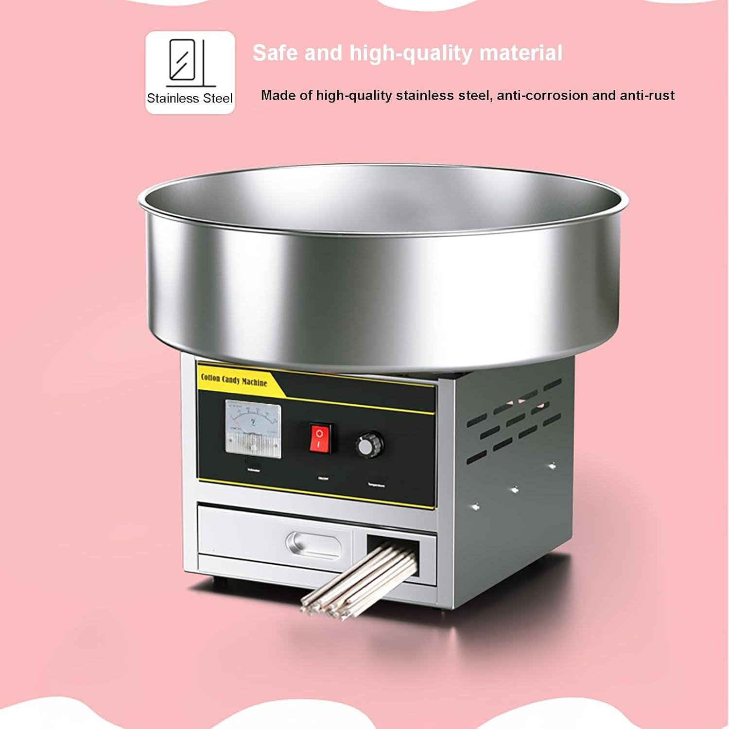 Professional 1200W Cotton Candy Machine - Temp Control, Stainless Steel Pot, Sugar Scoop & Storage Drawer - Ideal for Birthday Parties & Snack Shops