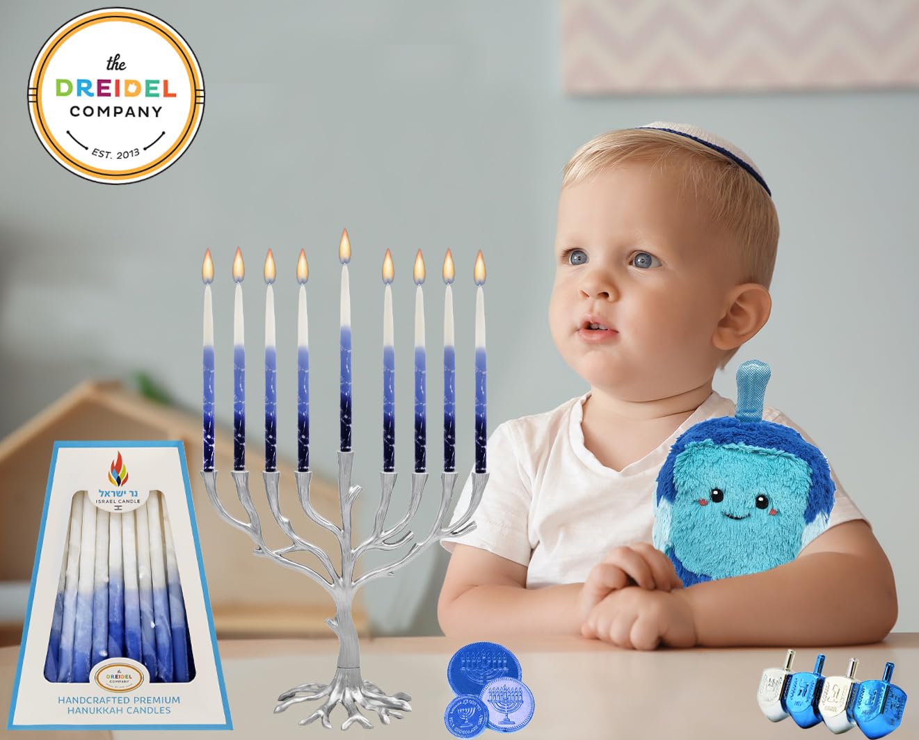 Świece Chanukah 45 świec chanukowych, dekoracyjne, fioletowe, z niebieskimi i zielonymi matowymi paskami - ręcznie robione w Izraelu (niebieski/jasnoniebieski/biały)