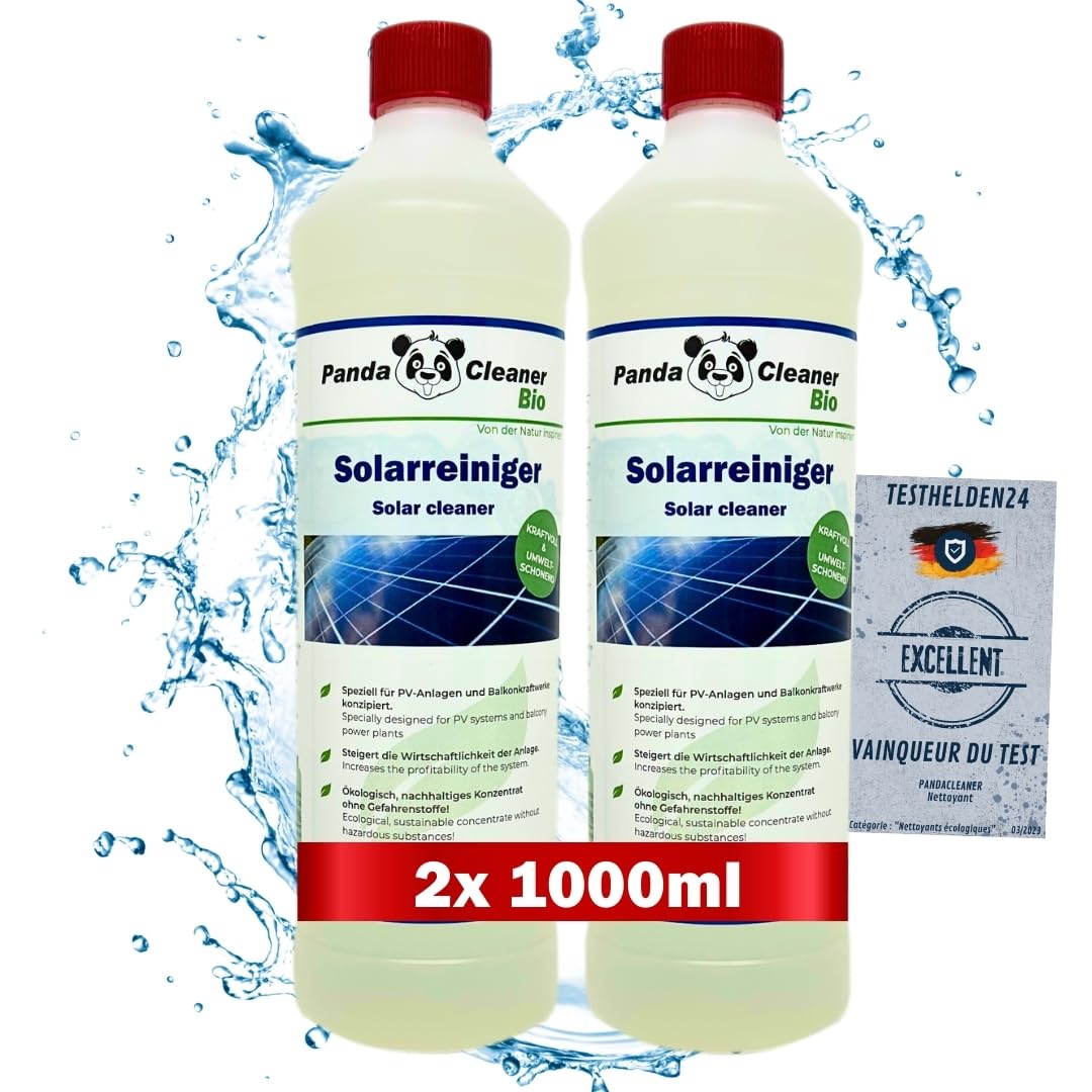 PandaCleaner Nettoyant solaire bio - 2 l de nettoyant photovoltaïque - Haute concentration 1:100 - Nettoyage et extension de la durée de vie - Pour les centrales électriques de balcon (2 x 1 l)