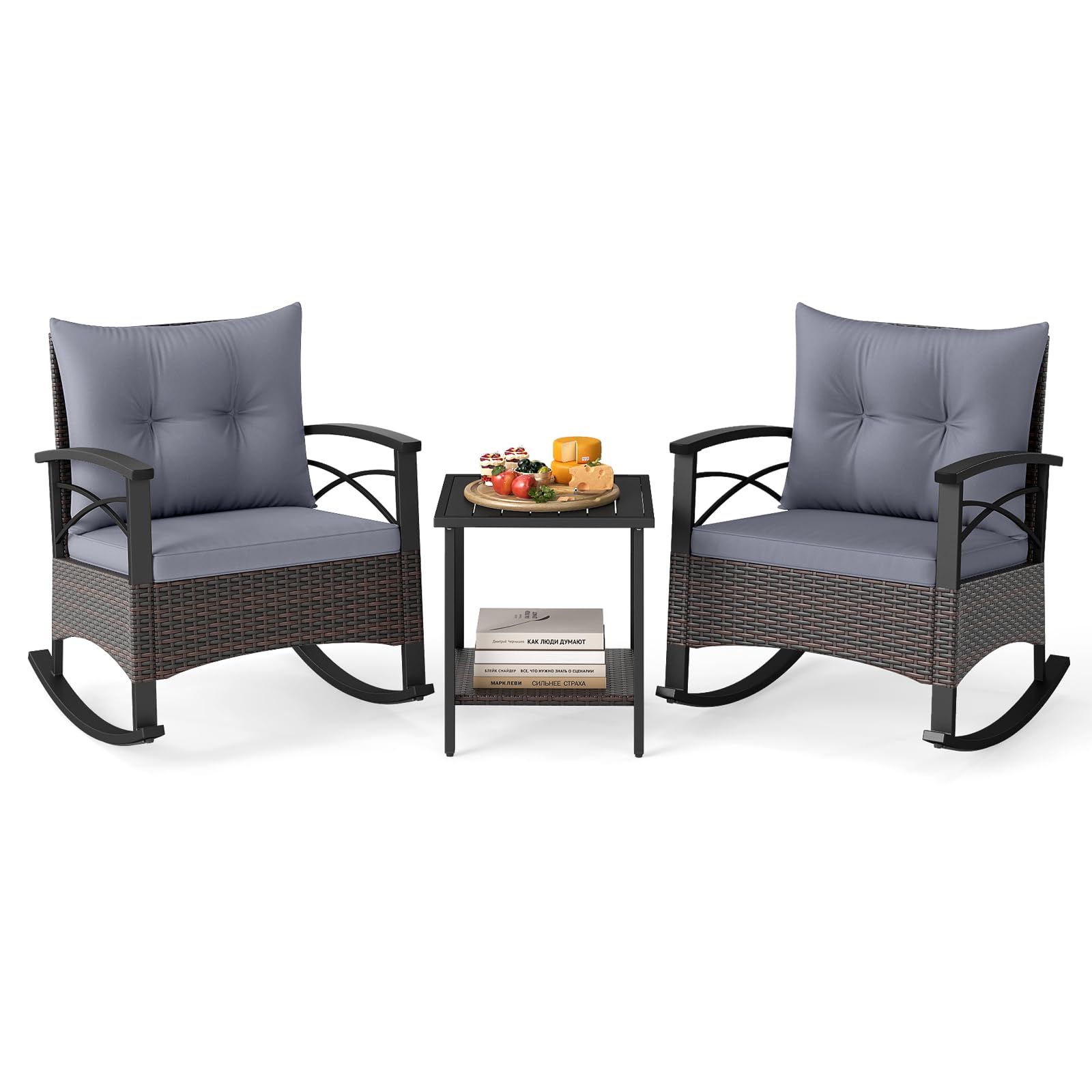 Tangkula 3 Pieces Wicker Outdoor Rocking Chairs Set