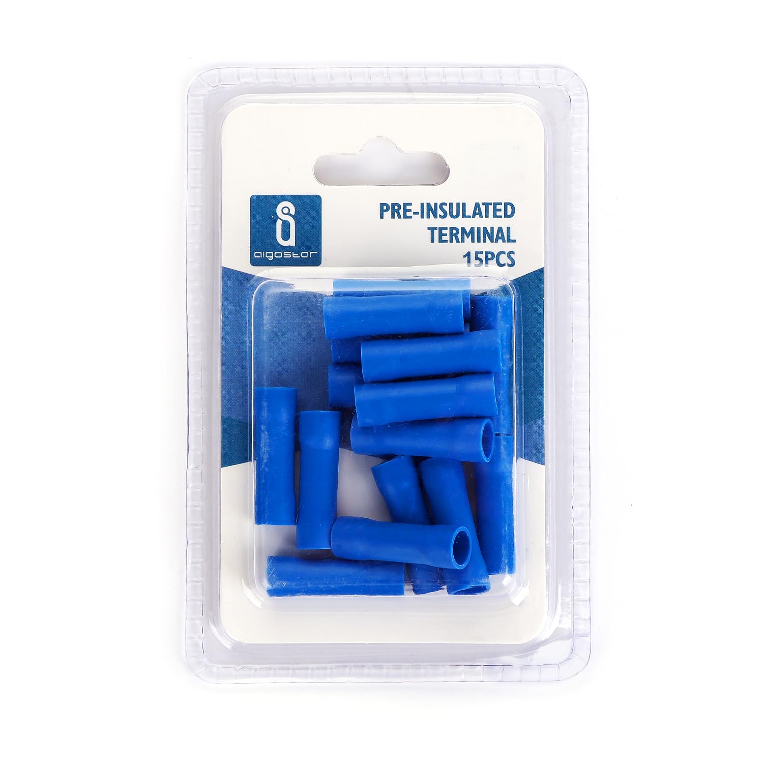 Pre-insulated terminal type BV5.5 in Blue color, Available in packs of 15 units per blister. Ideal for safe and durable electrical connections.