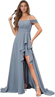 Chiffon Off Shoulder Bridesmaid Dress with Slit A Line Spaghetti Pleated Wedding Guest Gown Long Ruffles Formal Gown