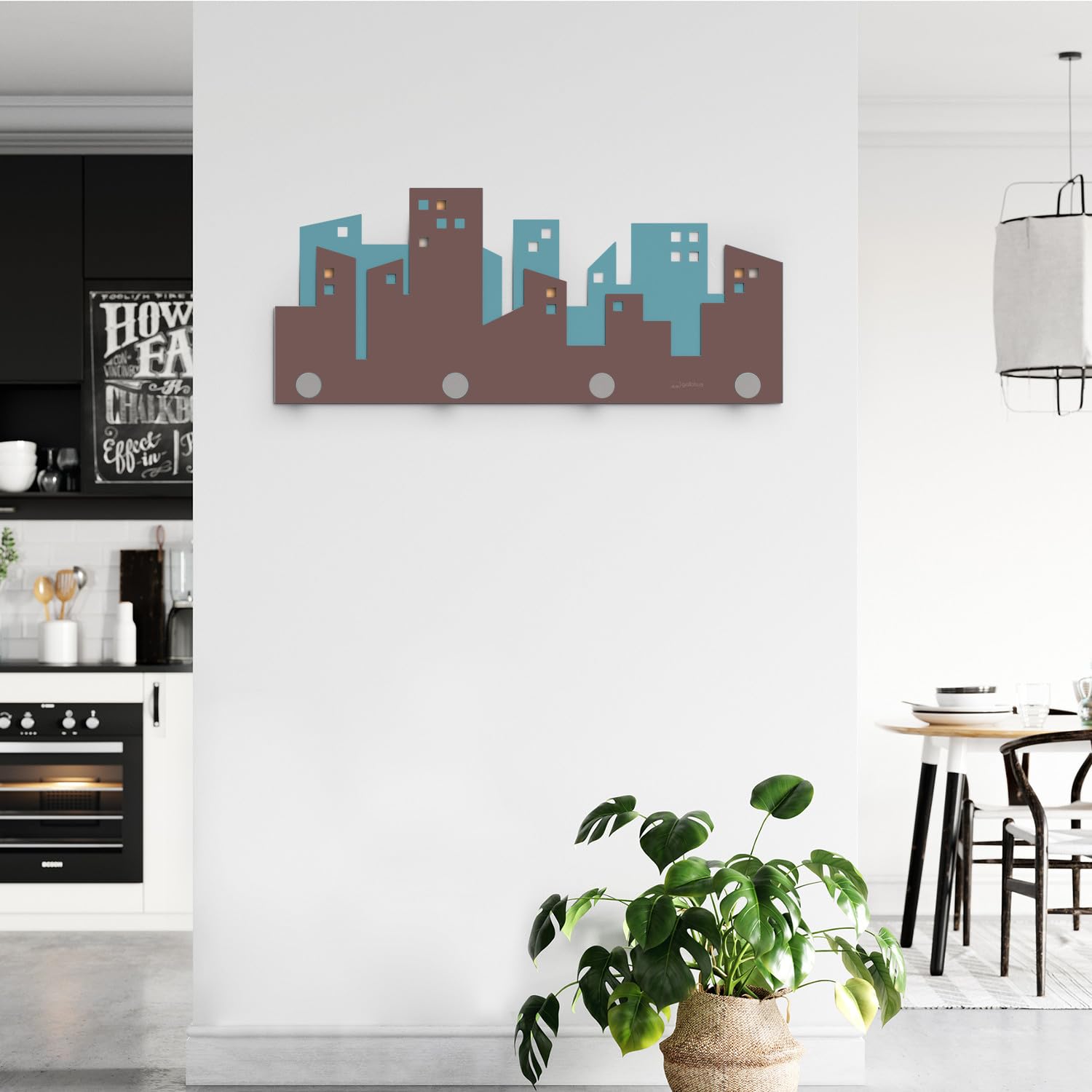 Giallobus - Appendiabiti da parete 4Me - 13 - Skyline Palace - Legno Mdf + Alluminio - 60L x 25l cm - 03 - M - Attaccapanni da Muro con 4 Ganci in Alluminio e Legno