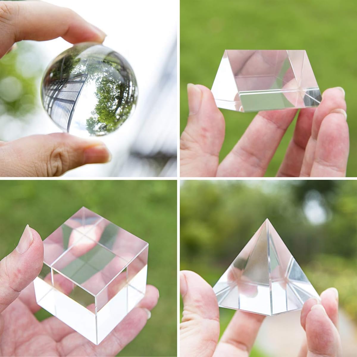 4-teiliges K9-Prismenset für optische Kristalle zur Fotografie, einschließlich 50-mm-Kristallwürfel, 50mm-Dreiecksprisma aus Kristall, 55mm-Kristallkugel, 60-mm-Kristallpyramide