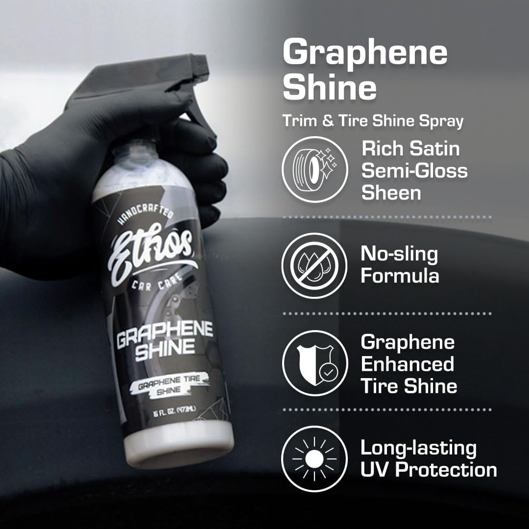 Ethos Graphene Shine - Trim & Tire Shine Spray, High Sheen, Non Greasy, Sling Free Finish! Conditions and Protects Rubber with UV Protection (16 Oz) - Image 2