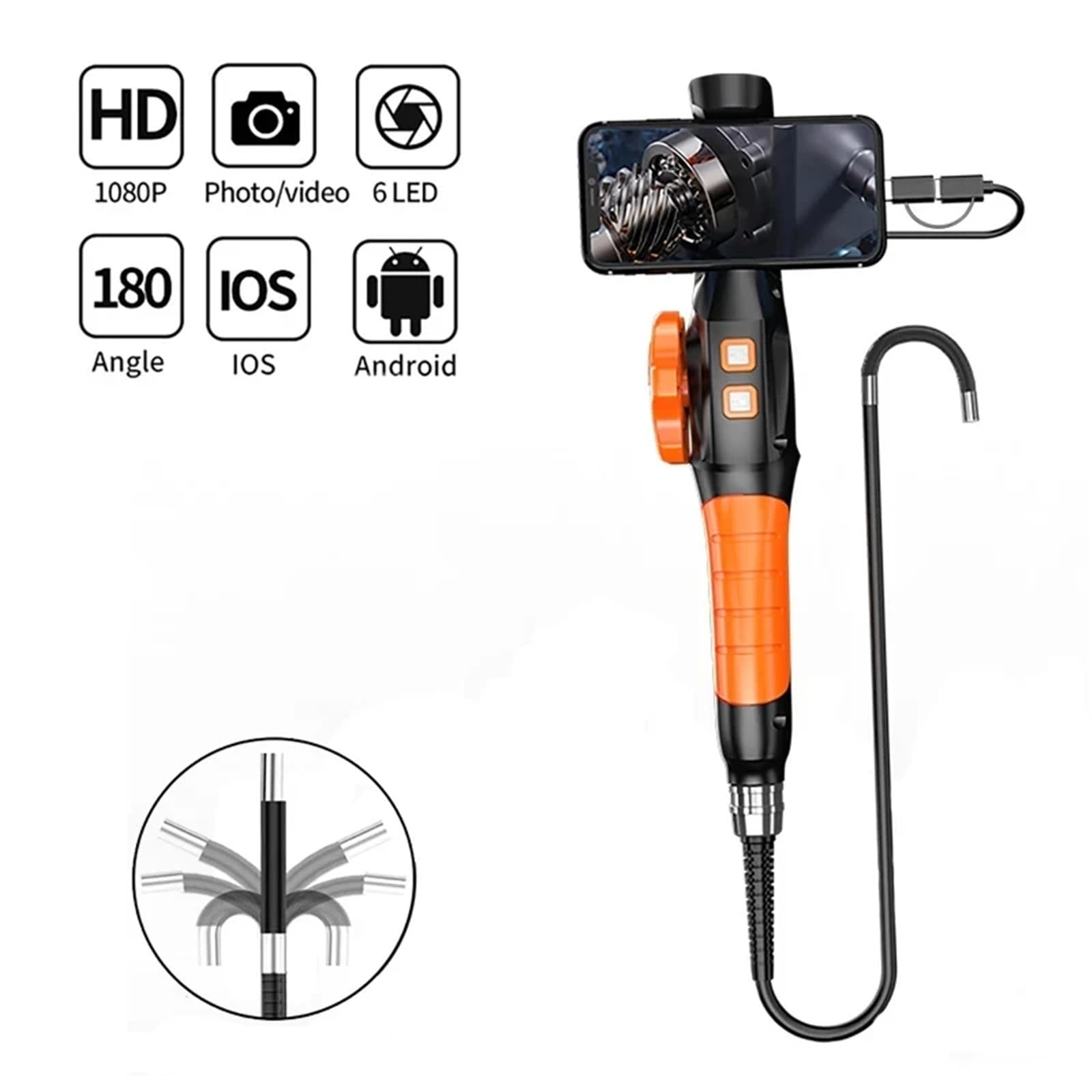 360 Degree Rotation Endoscope Inspection Camera 6.4mm Lens HD Articulated Borescope(6.4mm IOS Android)