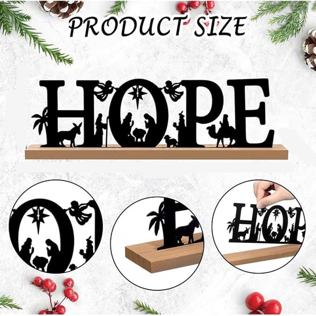 Artistic Metal Nativity Scene Figurine Wood Base for Christmas Tabletop Decors