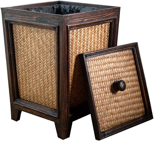 MYBA Waste Bin Retro Solid Wood Trash Can Creative Rattan Large Garbage Bin With Lid Living Room Dustbin Kitchen Home Waste Bin Bin (Size : 8L)