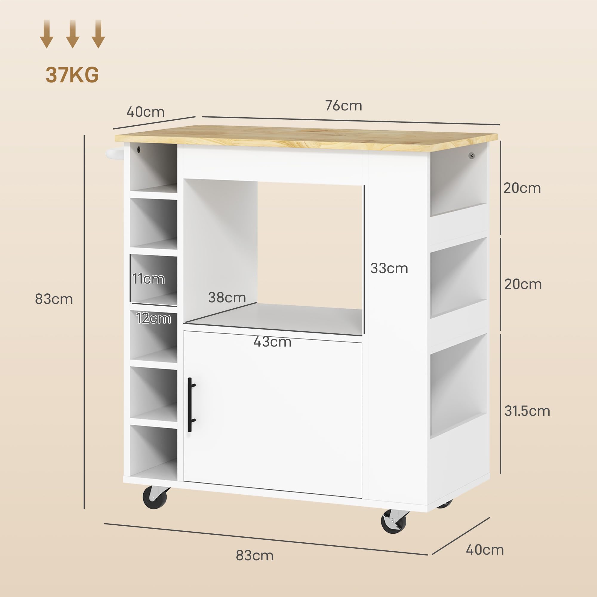 HOMCOM Carrello da Cucina con 6 Portabottiglie, 3 Ripiani Laterali e Armadietto con Cerniere Ammortizzate, Mobiletto Cucina con Portasciugamani e Piano in Legno di caucciù, 83x40x83cm, Rovere