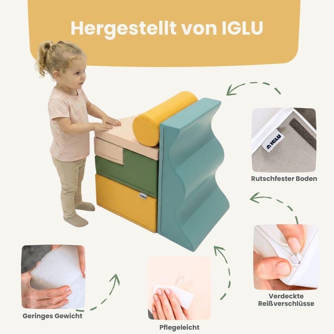 IGLU SOFT PLAY 6er Softbausteine Set für Kinder – XXL Kletterbausteine & Schaumstoff-Bausteine – Abenteuerlandschaft, Hindernisparcours & Motorikspielzeug Explorer (Pastel Sea)