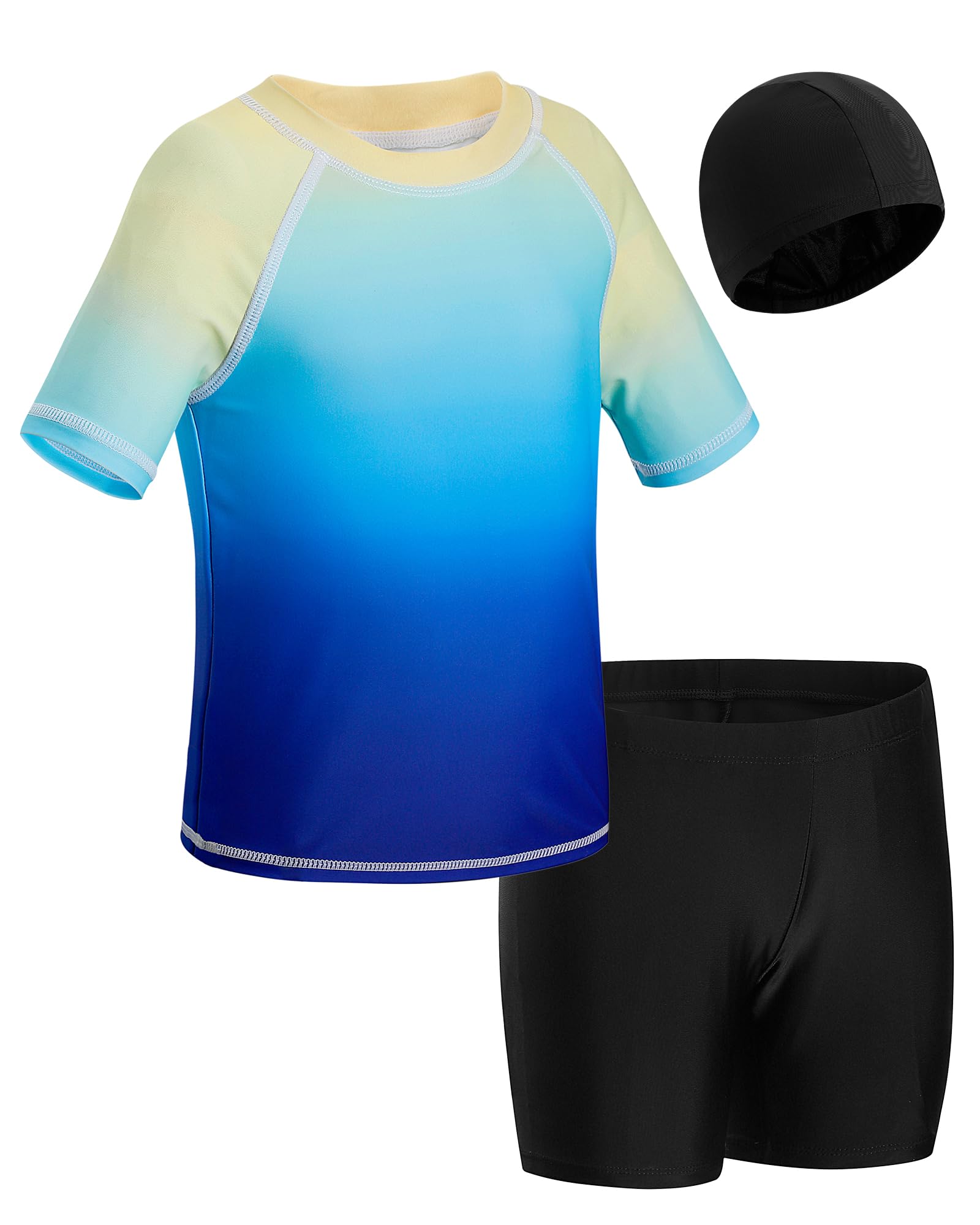 KAKU NANU Badeset für Jungen (110–158) 3-teilig Kurzarm Rashguard Shirt mit Badeshorts & Badekappe Sonnenschutz Schwimmbekleidung für Kinder Schnelltrocknend