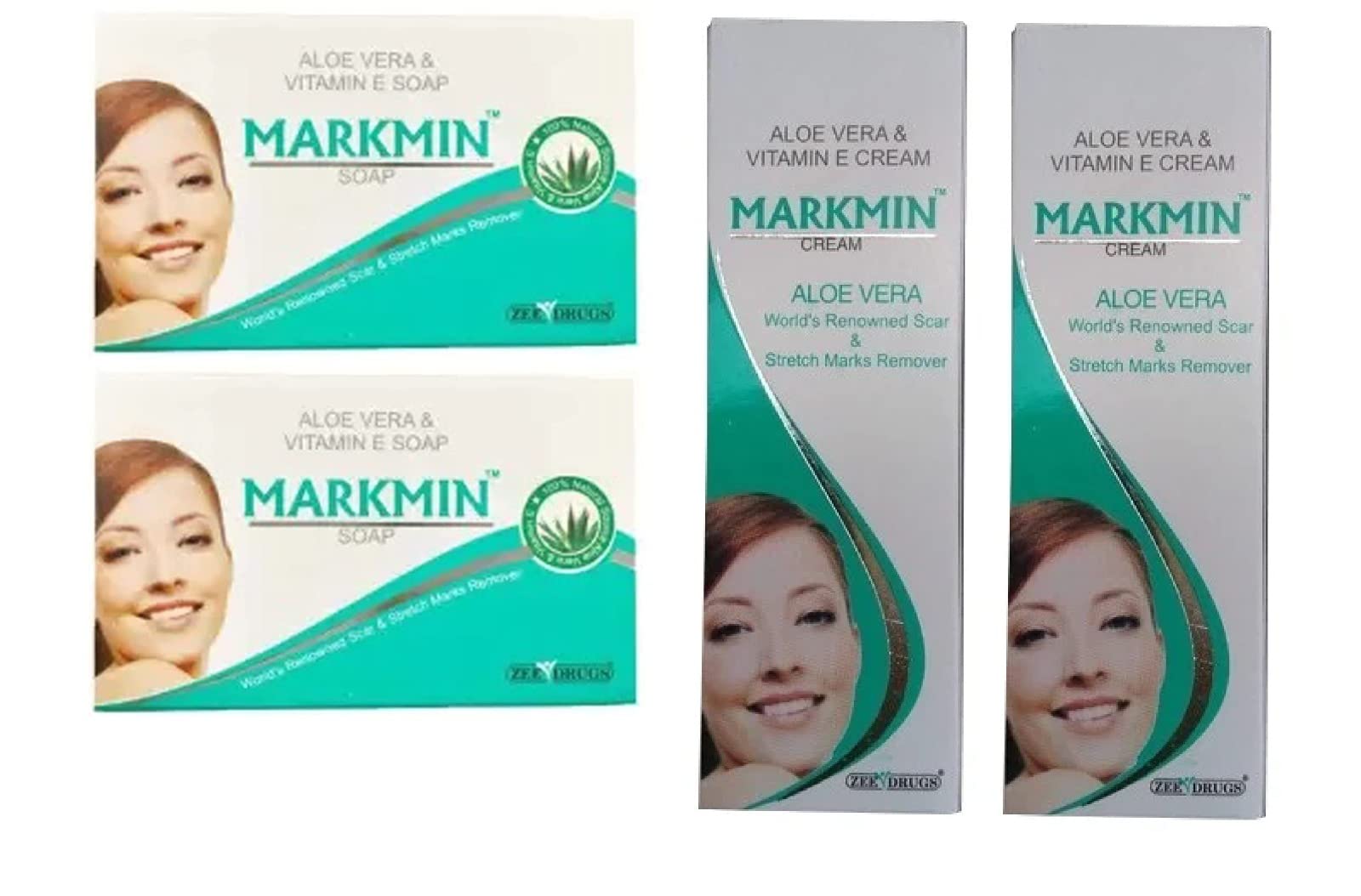 Double Lips Markmin Cream Scar and Strech Mark Remover 60g (pack of 2) and Markmin Alovera & Vitamin-E soap | Skin Glowing | Strech mark Remover Soap 75Gm (pack of 2)