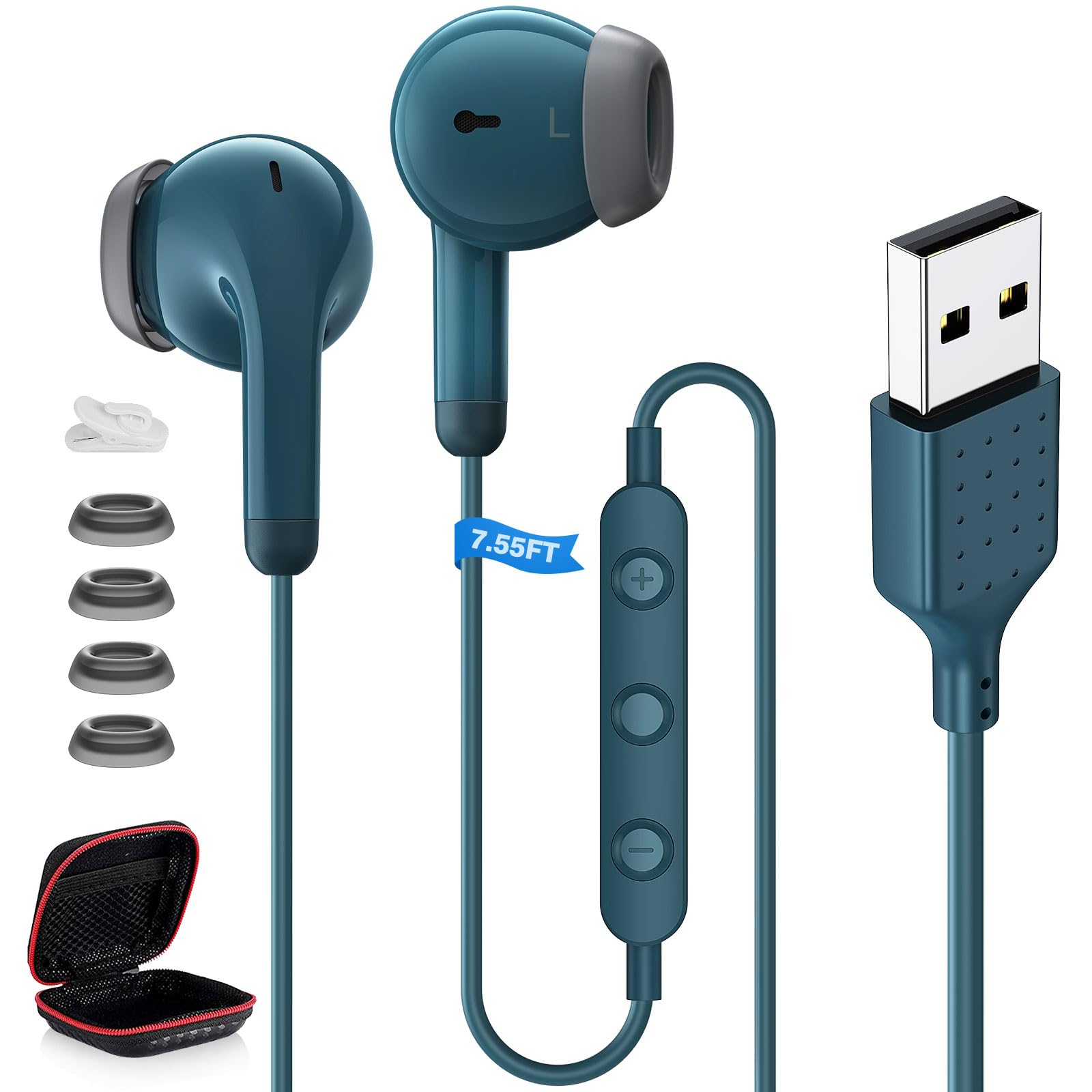 ASKUBSKU USB Headphones with Microphone for PC 7.5Ft Cable, Blue | USB Earbuds for Computer, USBA Headset Wired with Mute Magnet Stereo Call Cord Laptop Earphones for Dell/Surface/Switch-image-26