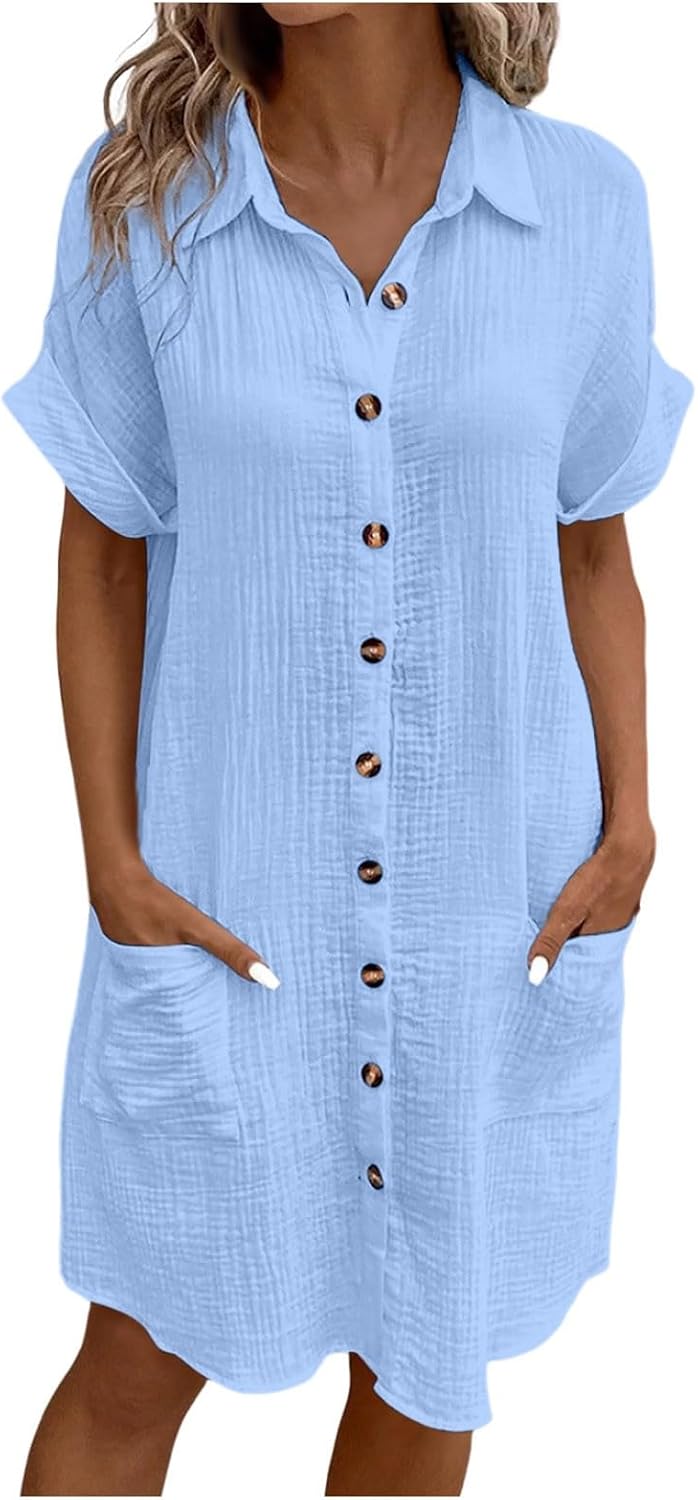 Womens Cotton Linen Shirt Dresses 2025 Summer Short Jordan | Ubuy