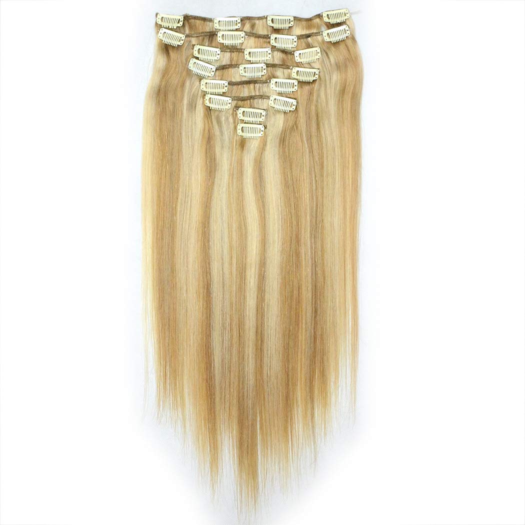 (41cm -130g, P18/613) - Luwigs 41cm 130g Piano Colour 18 Ash Blonde and 613 Bleach Blonde Clip in Hair Extensions Straight Blonde Highlighted Human Hair Clip in Extension 8Pcs
