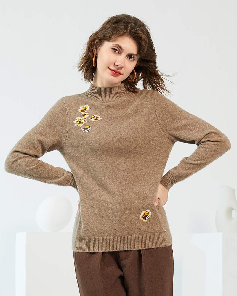 ZHILI - Maglione a maniche lunghe da donna, 100% puro cashmere, con collo alto, ricamato, lavorato a maglia