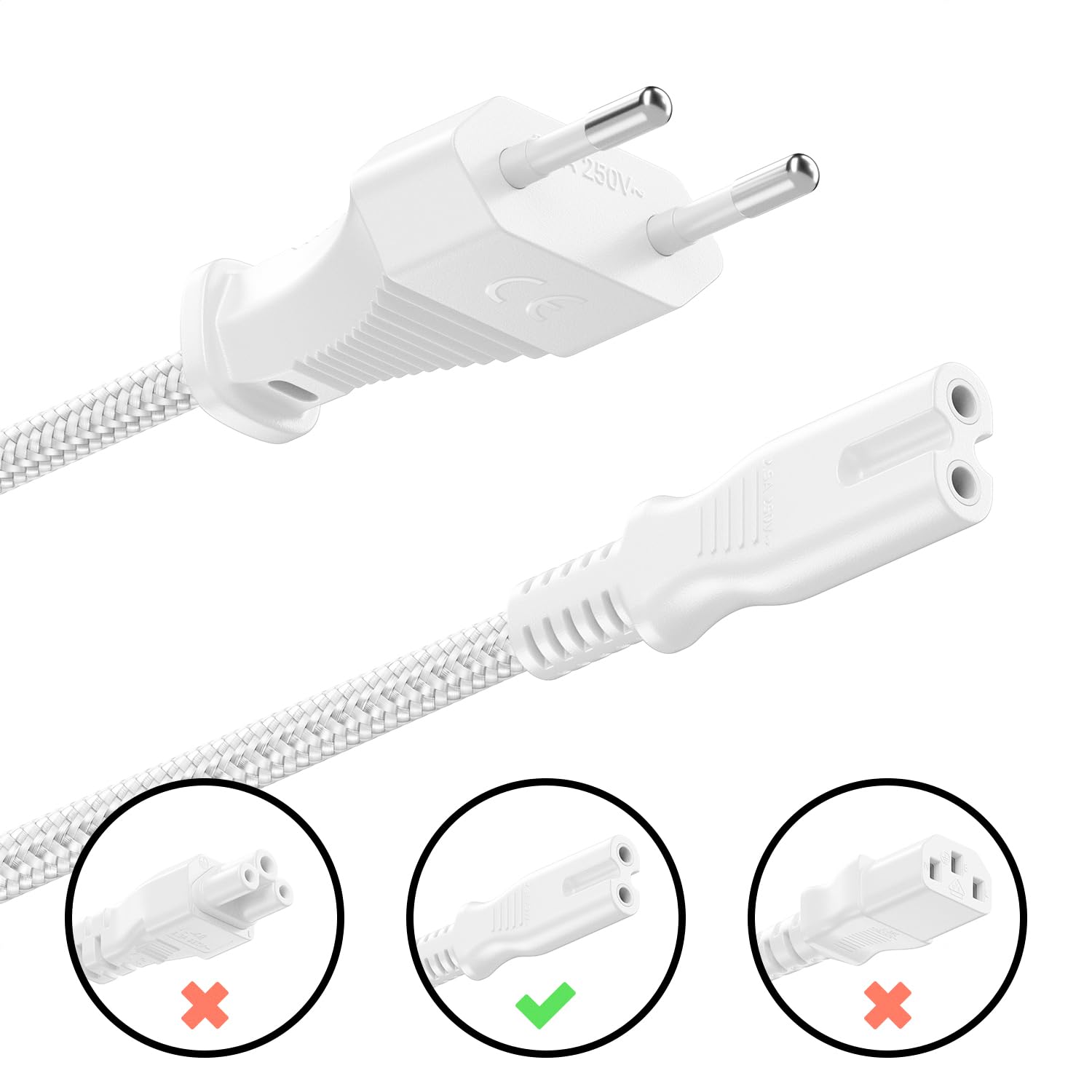 deleyCON 3,0m Cavo di Alimentazione Elettrico Spina Euro Tipo c a C7 (in Nylon) Connettore Piatto 2,5A per Presa C8 TV Soundbar PS4 PS5 Alimentatori Piccoli Elettrodomestici ecc. - Bianco - 4