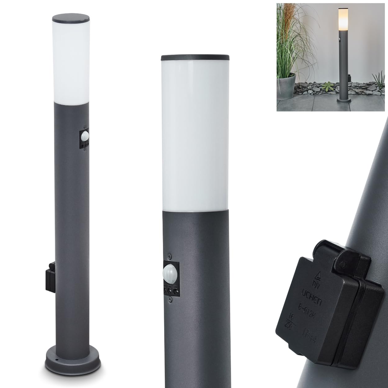 HOFSTEIN Lampada da strada Caserta, lampada da esterno con sensore di movimento e presa in metallo/plastica antracite/bianco, lampada da esterno per giardino, esterno, cortile, terrazza, altezza 80 cm