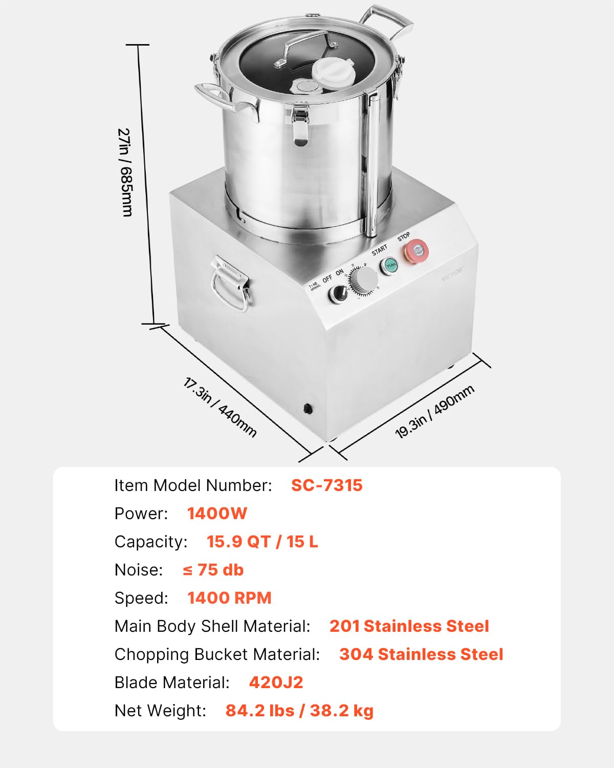 VEVOR Robot Culinaire et Hachoir à Légumes 15 L, Robot Multifonction en Acier Inoxydable de Qualité Alimentaire, avec 2 Lames Supplémentaires en S, pour Hacher Rapidement Fruits, Restaurant, Maison