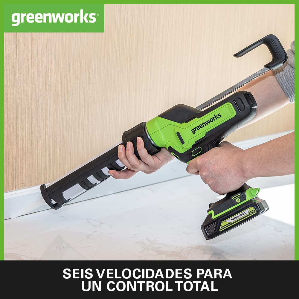 Greenworks G24CG Pistola de Silicona a Batería, Fuerza 2900N, 6 Velocidades, Anti-goteo, SIN Batería de 24V y Cargador, Garantía de 3 Años