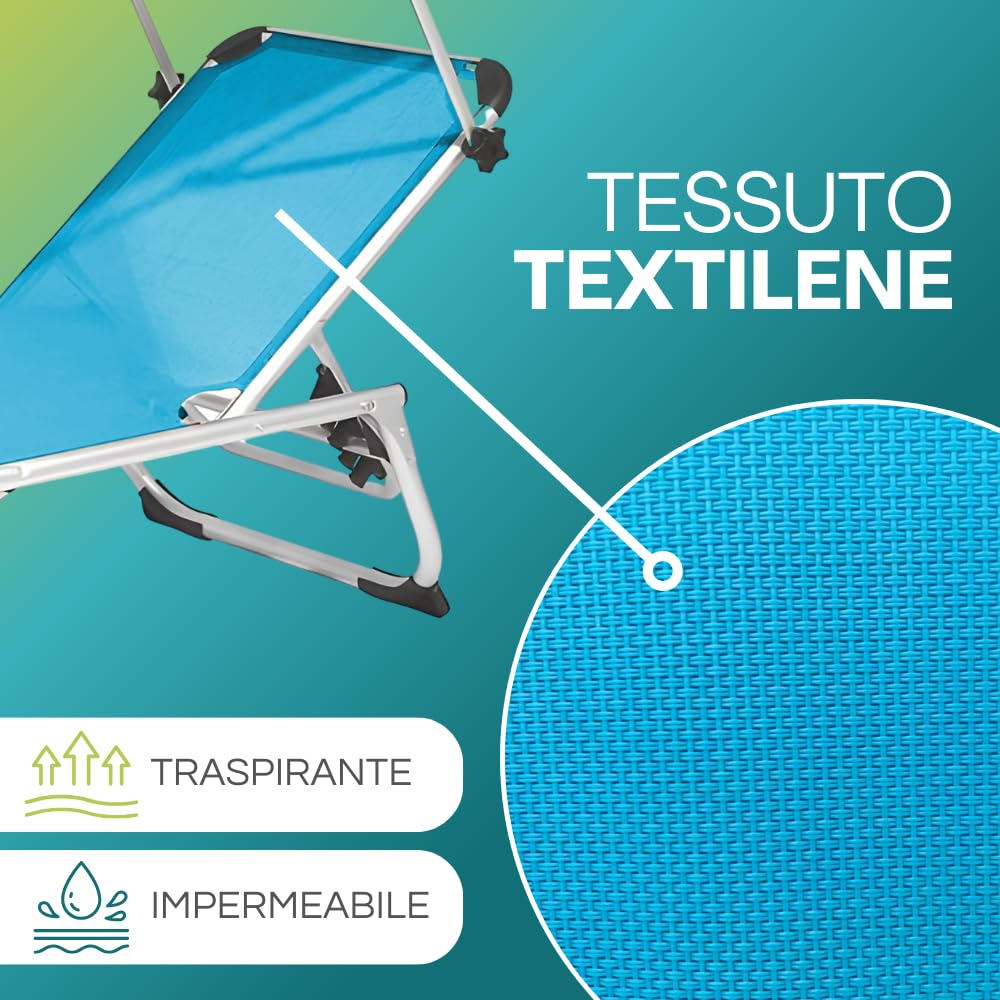 PALUPLUS Lettino Prendisole Pieghevole in ALLUMINIO con Tetto Parasole, Misura 190x60x80 cm, Tessuto Textilene impermeabile, tubolare 25mm per Spiaggia Piscina, Peso Max 120kg -489F-5,4 (Azzurro)