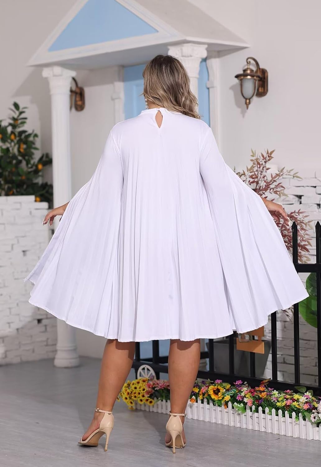 KEYUFANG Women’s Plus Size Cape Sleeve Elegant Loose Pleated Short Dress for Cocktail Party - Image 5