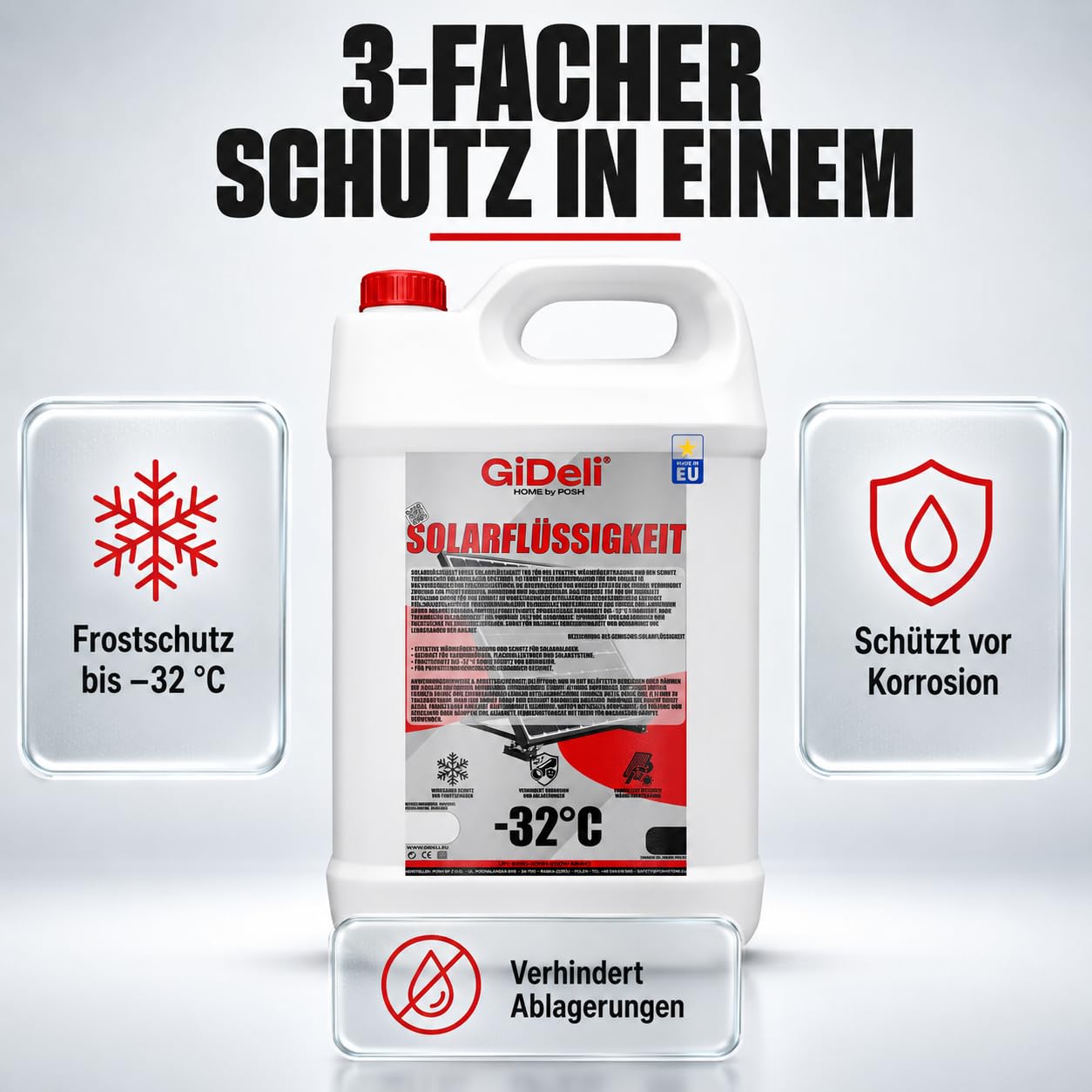 GiDeli Liquido solare da 5 l, antigelo, miscela pronta fino a -32 °C, glicole propilenico atossico, protezione affidabile contro la corrosione, massima efficienza termica, ideale per termica, casa e