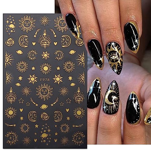 Bsbtbz K-520 8Sheets Gold Star Nail Sticker Decals- Metallic Nail Supplies 3D Self-Adhesive Sun Stars Moon Starlight Planets Snake Nail Design Nail Art Stickers thumb #1