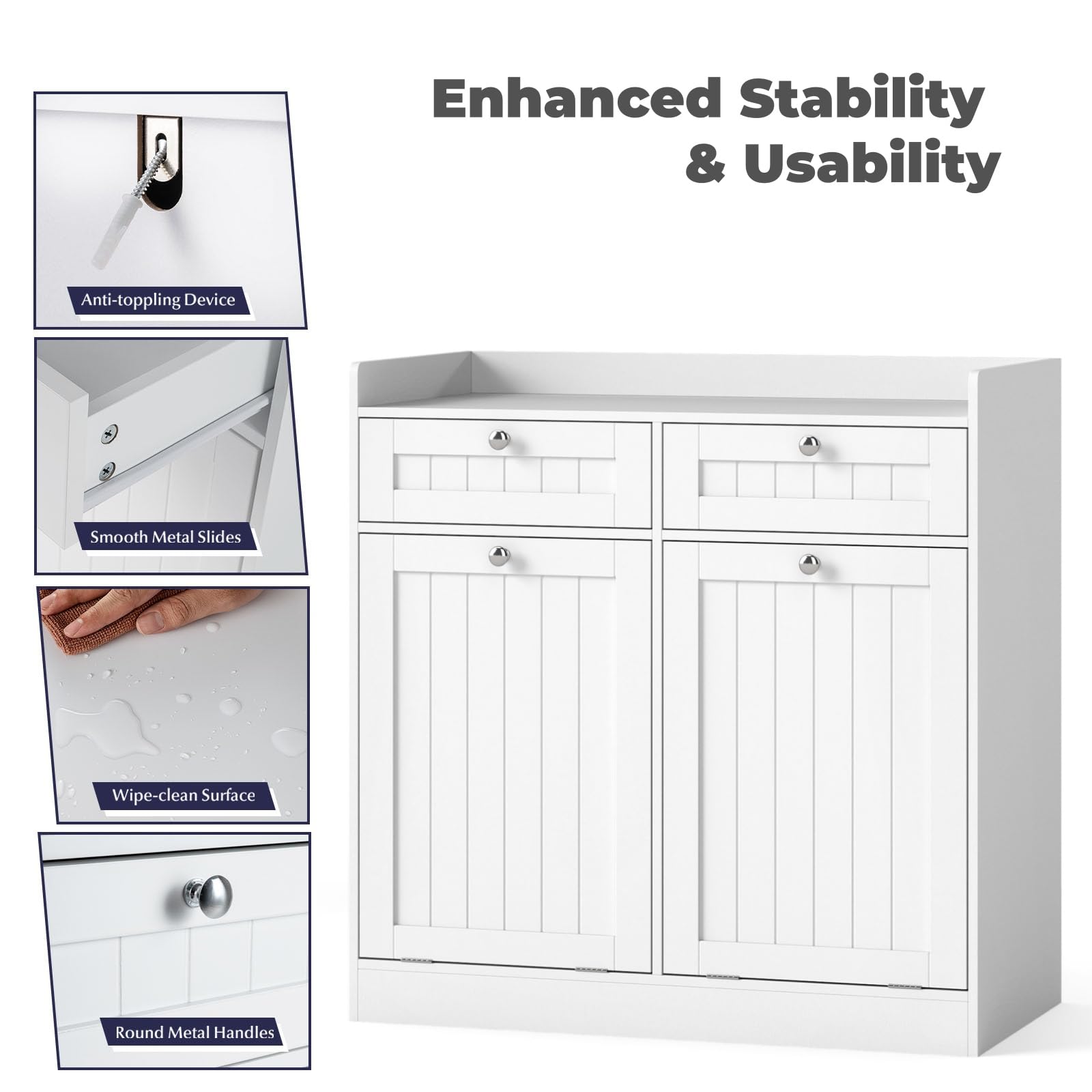 LIFEZEAL Armario para la Colada con Cestas y Cajón, Bolsillos Interiores Extraíbles con Asas, Armario para Baño, Blanco, 79 x 40 x 80 cm