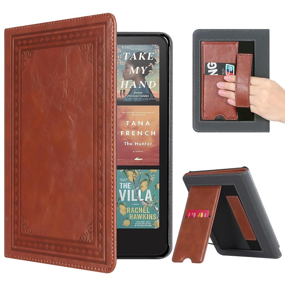 cobak case with stand for kindle paperwhite 12th gen 2024 released (7") & kindle colorsoft signature edition - durable pu leather cover with auto sleep wake, card slot, hand strap feature, vintage