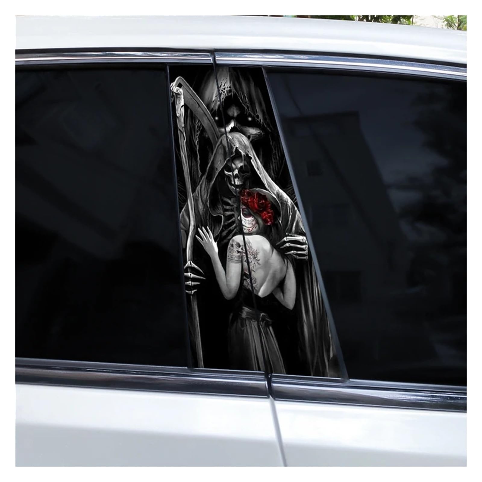 Car Side Decals 2pcs Gothic Couple Skull Grim Reaper Car Doorpost Sticker DIY B-Pillar Waterproof Vinyl Center Column Decal(Style D)