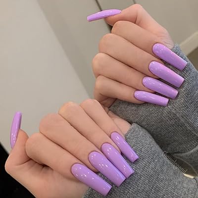 FRUJCDKI 24Pcs Press on Nails Long Coffin Fake Nails Glossy Lavender Purple False Nails with Lavender Purple Design Glossy Stick on Nails for Women