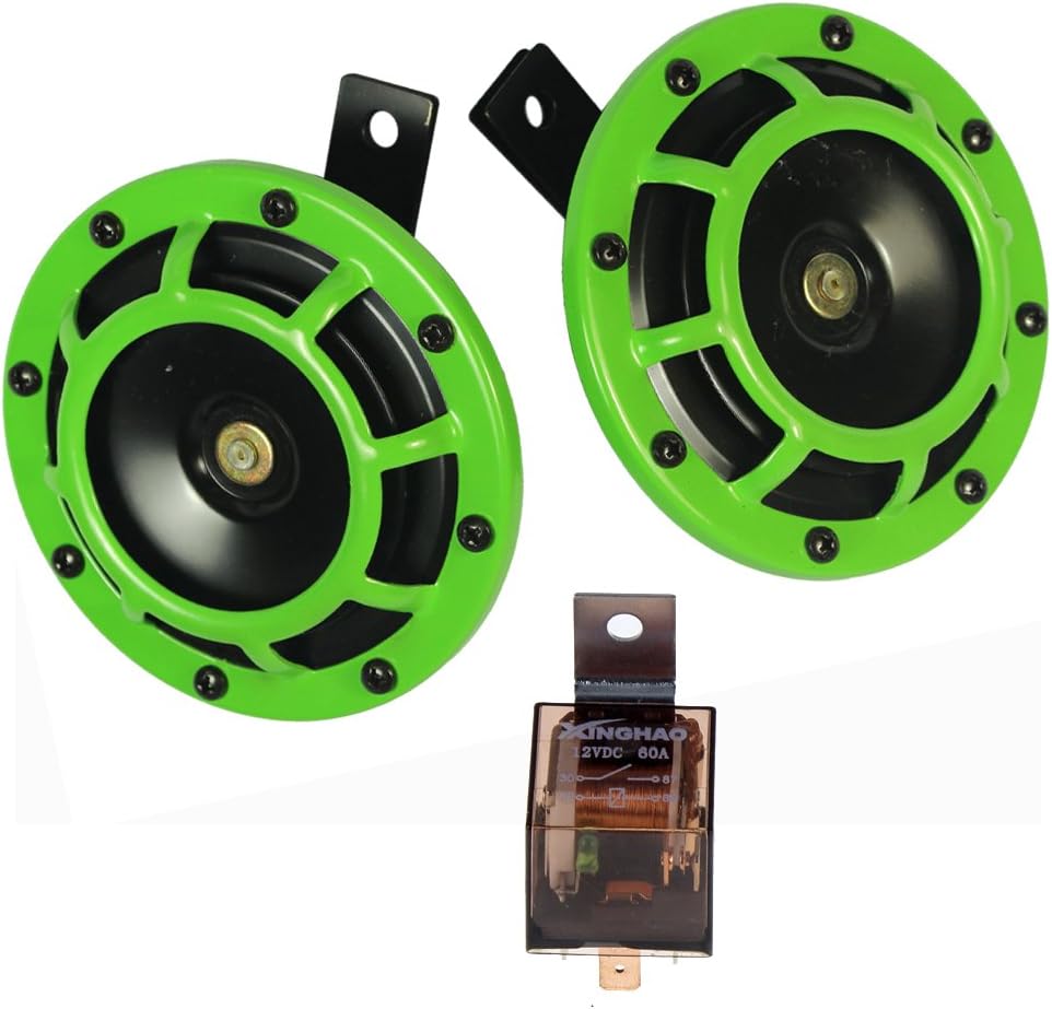 Car Horn Eletric 12V 135db Super Loud High Tone and Low Tone Metal Twin Horn Kit with Bracket for Cars Trucks SUVs RVs Vans Motorcycles Off road Boats (Green)
