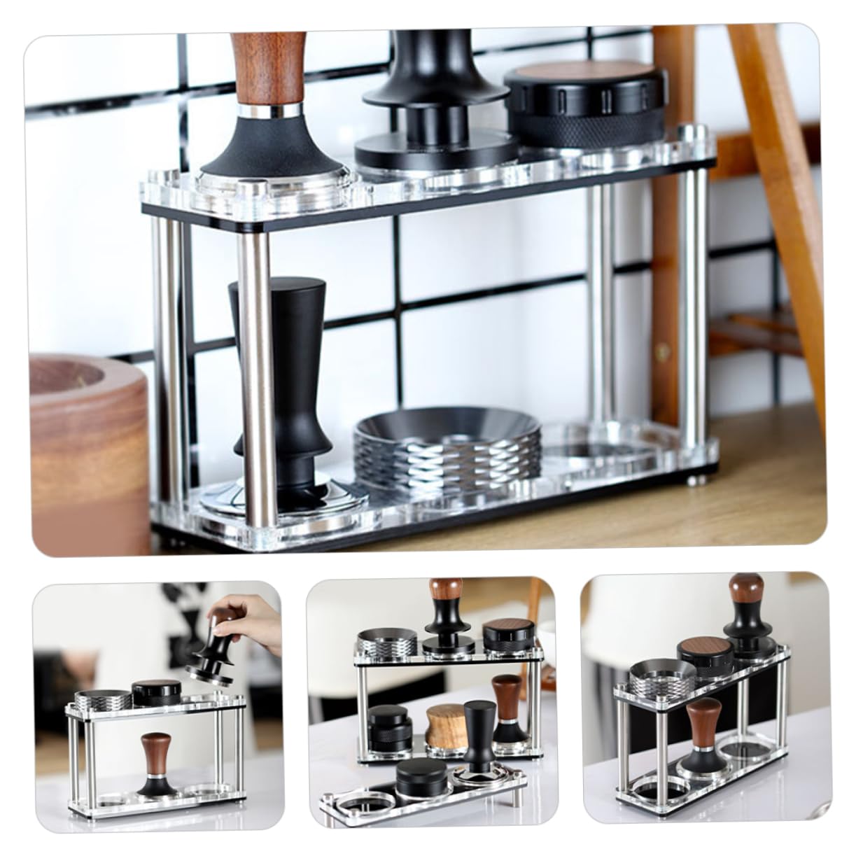 PRETYZOOM Kaffeezubehör Aufbewahrungsständer mit 2 Schichten für 51/53/58mm Tamper aus Acryl und Edelstahl