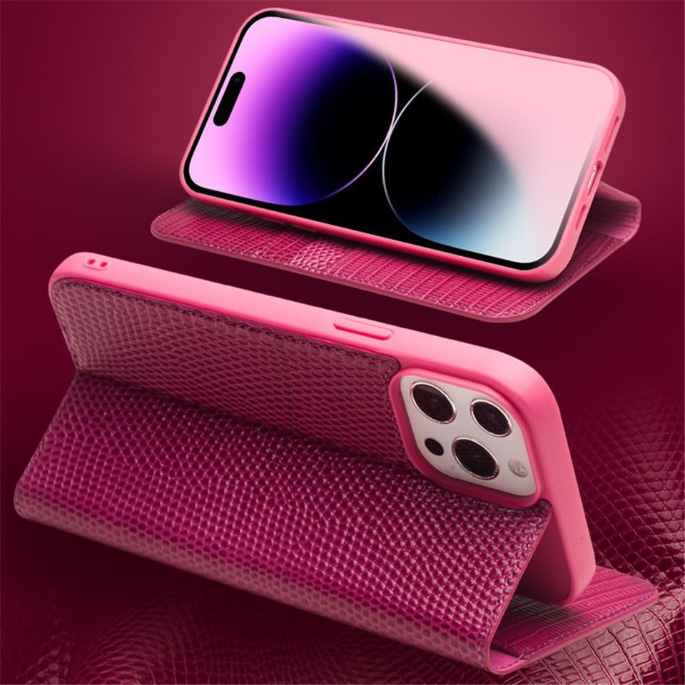 Coque iPhone 14 Plus cuir véritable rose magnétique porte-carte de luxe
