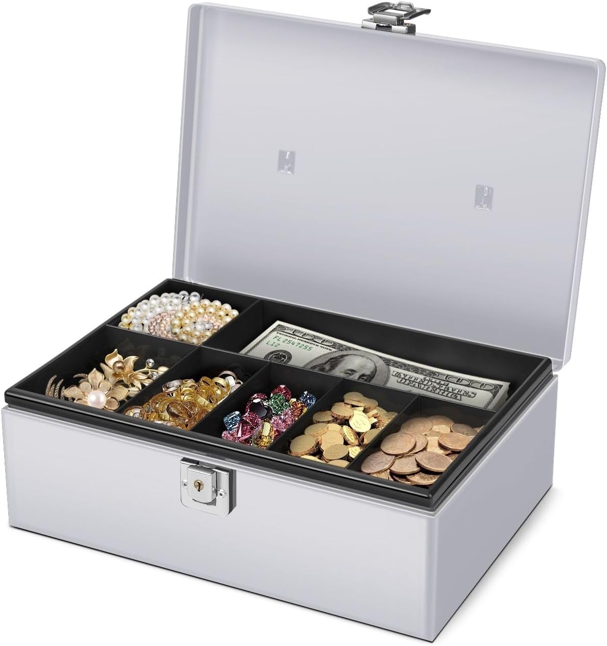 Flexzion Cash Box with Money Tray and Lock - Metal Money Box for Cash Storage with Secure Latch Lock & Key - Pink Petty Cash Box with 7 Compartment Money Tray for Small Businesses, 11x7.7x3.5 Inches