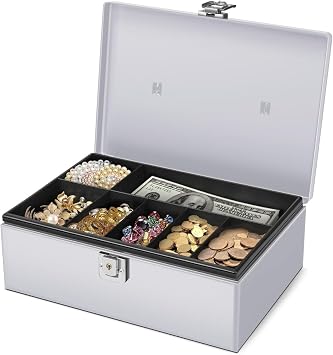 Flexzion Cash Box with Money Tray, Latch Lock, 11 x 7.7 x 3.5 Inch, Silver