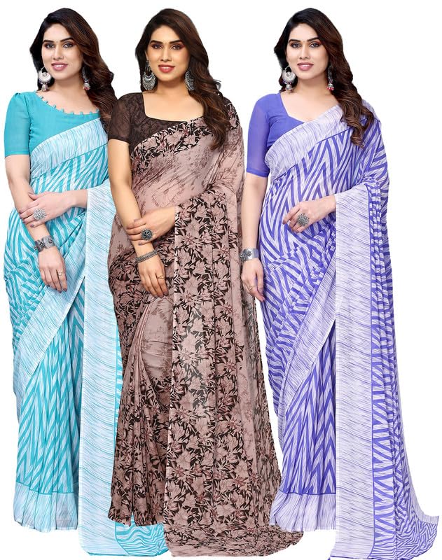 Satrani Women's Geoegette Saree With Unstitched Blouse Piece Combo Pack Of 3 (3201S2291N_3112S2156N_3201S2293N_Turquoise | Brown | Violet)