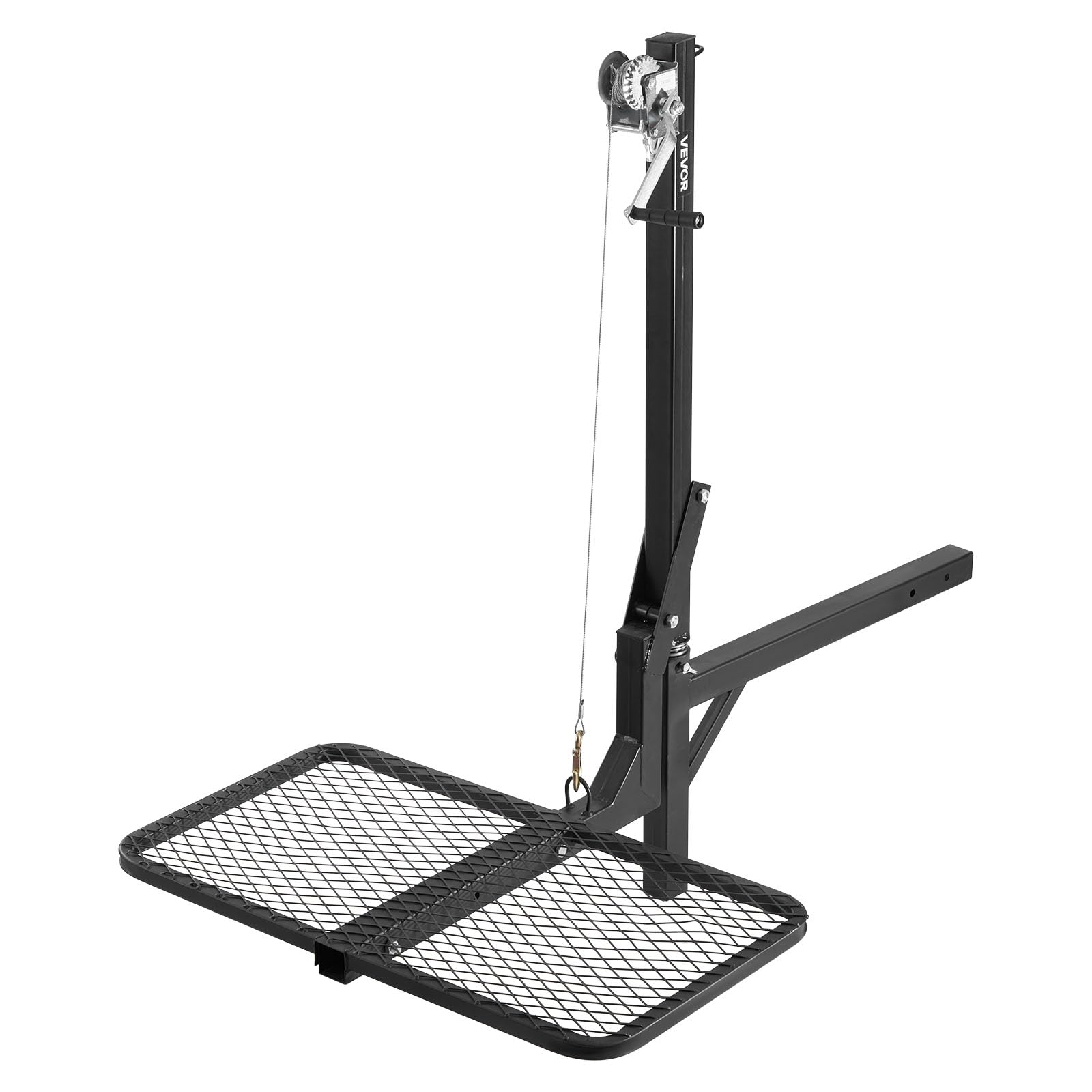VEVOR Polipasto de Enganche con Plataforma de Elevación para Ciervos, Carga de 136 kg, Elevador de Cabrestante con Receptor de 5 cm, Eje Giratorio de 360° y Soporte Plegable para Presas en Movimiento