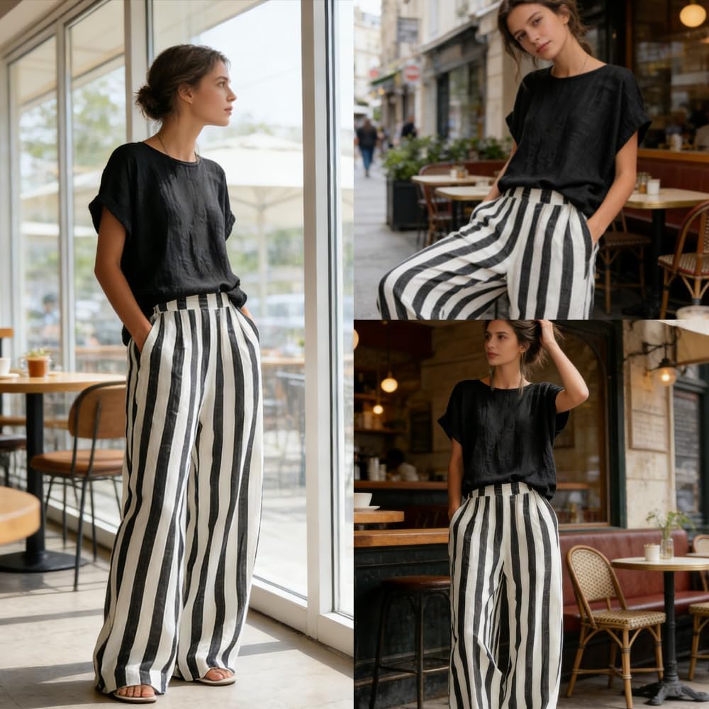 Cozy Loose-fit Striped Cotton-linen Two-piece Set, Elegant Minimalist T-shirt And Striped Wide-leg Pants Cotton-linen Set